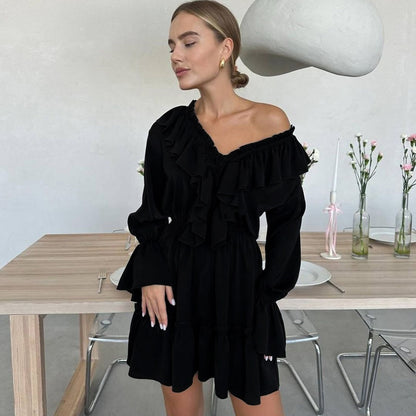 Pleated long-sleeved dress with V-neck